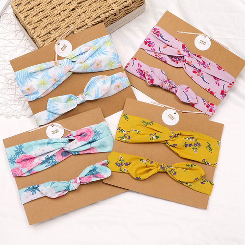 Polyester digitally printed parent-child headband set, cross-knotted bunny ears headband, holiday parent-child elastic headband
