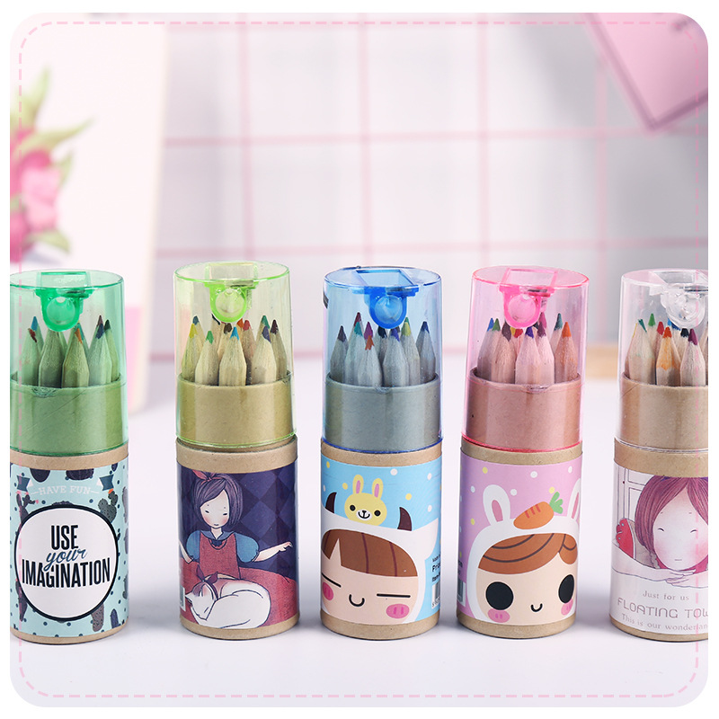 Cartoon Boxed Colored Pencils12 Colors For Primary School Students Graffiti Painting Pen Holder With Logs And Pencil Sharpener Colored Lead Gift