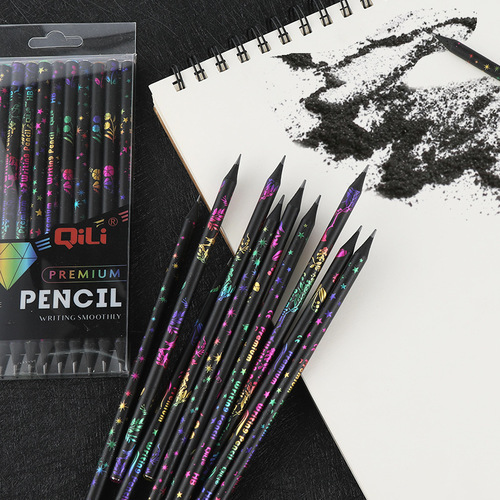 Qili black wood pencil cartoon creative color printing elementary school students with diamond HB pencil cross-border black belt rubber pencil