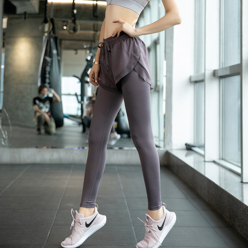 Women's False Two-Piece Elastic Tight Running Black Thin High-Waist Abdominal Toning Hip Lift Exercise Yoga Pants Wholesale