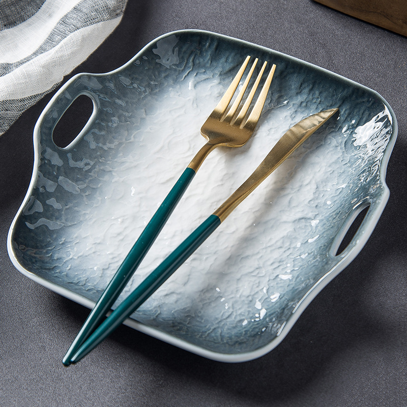 Estilo japonés ins placa para hornear de cerámica Placa de fideos de doble oreja hogar creativo para hornear placa cuadrada restaurante personalizado plato occidental Placa de carne