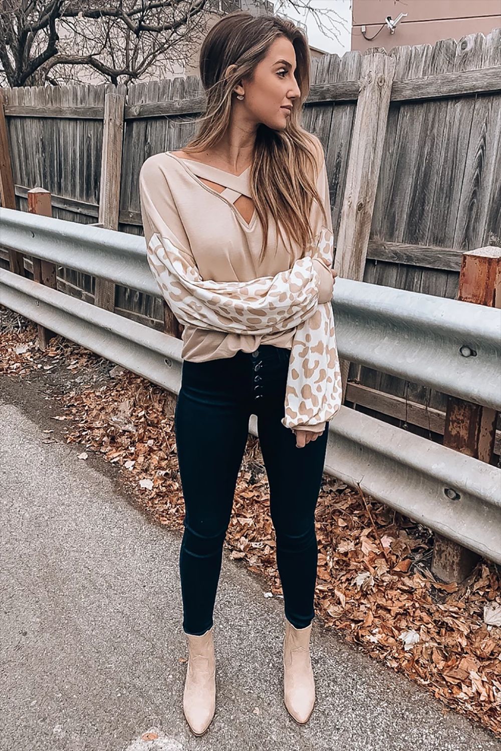 women's new style V-neck cross leopard print casual long-sleeved T-shirt top NSYF829