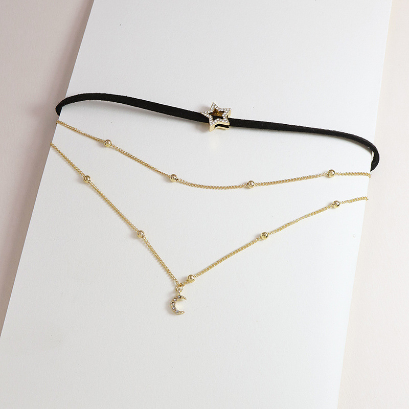 Hot-selling Fashion Three-layer Star And Crescent Alloy Necklace With Diamonds display picture 1