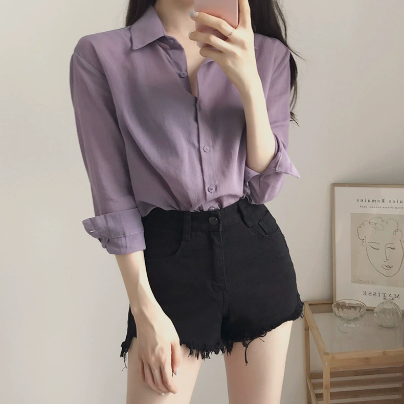 Весна и осень, новая Корейская версия, нежно-фиолетовый топ, шикарная Женская легкая свободная Базовая рубашка в западном стиле с длинными рукавами, модная Базовая рубашка в зрелом стиле