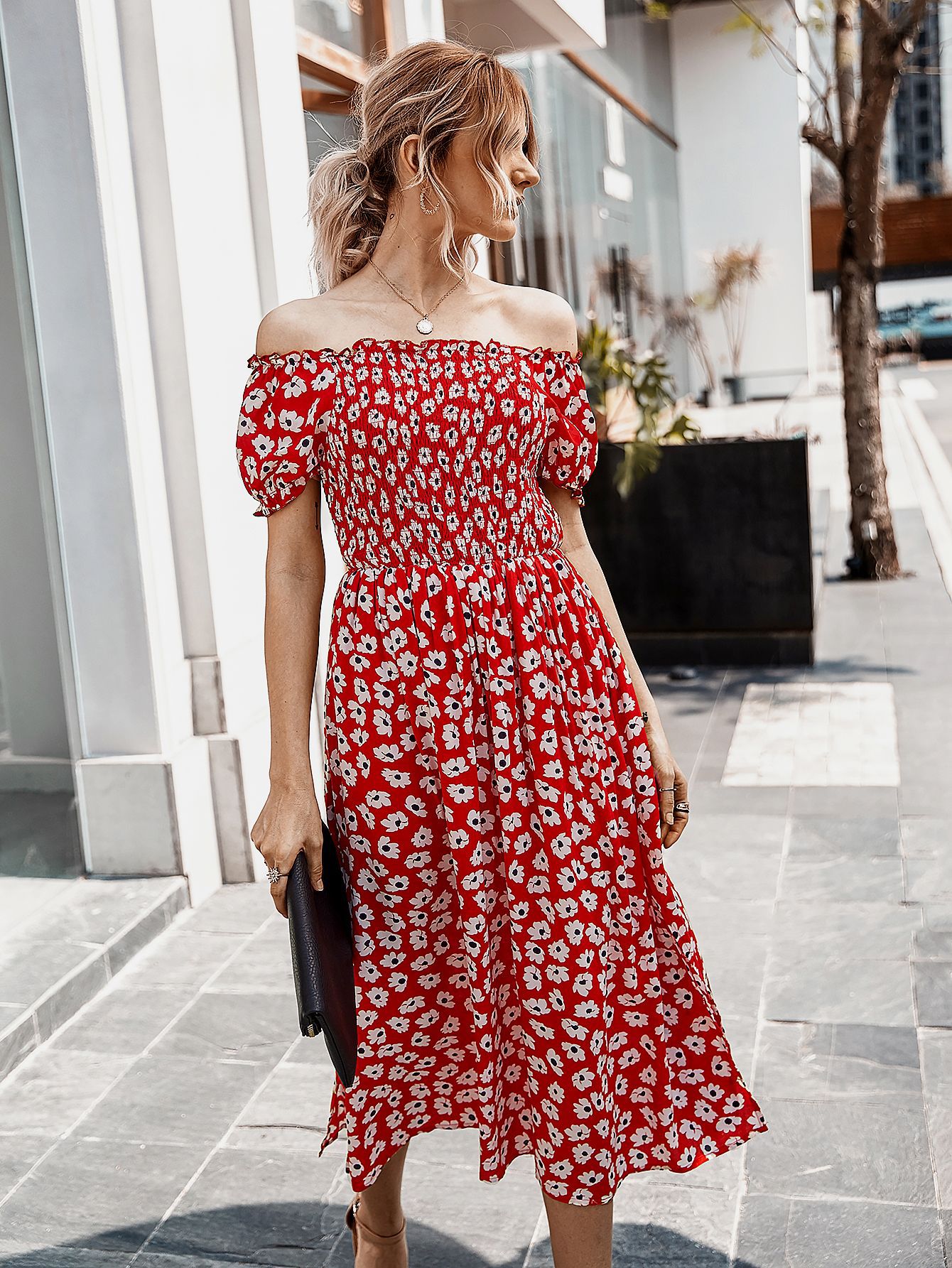 off-shoulder printed dress NSDY29151