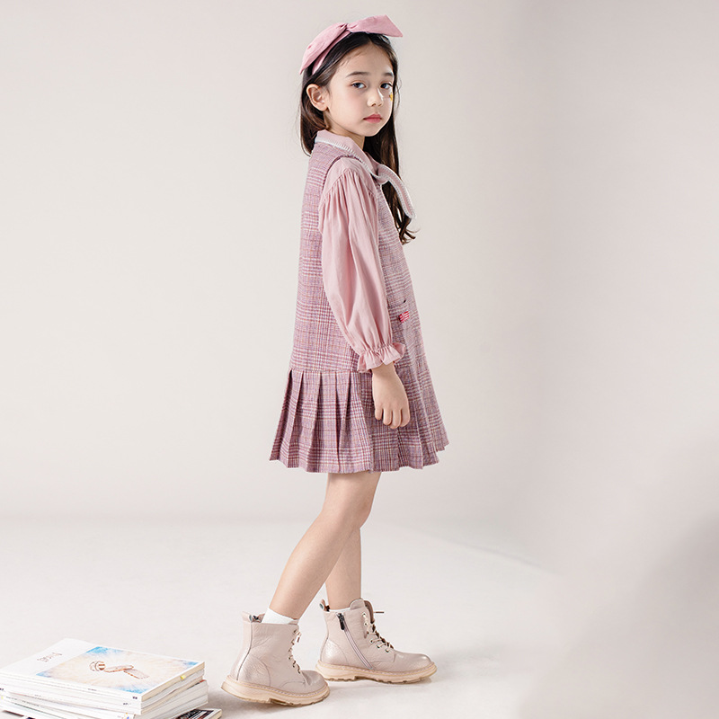 POKA女童装2026秋季粉红千鸟格子背心裙公主裙英伦百褶连衣裙子