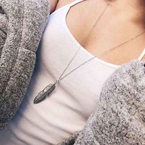 European and American cross-border accessories Bohemian-style fashionable leaf necklace for men and women, long feather tassel sweater chain pendant