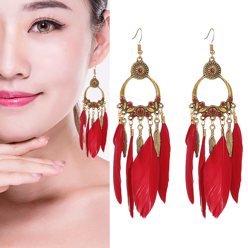 1 Pair Ethnic Style Feather Alloy Plating Women's Drop Earrings display picture 1