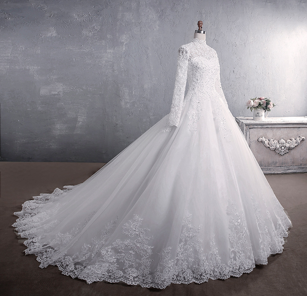 European And American Style Bridal Stand-up Collar Long-sleeved Lace Wedding Dress Lady Dress