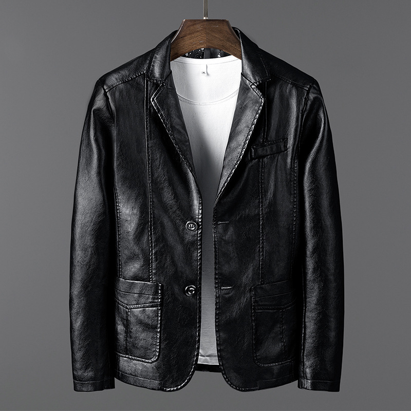 Veste en cuir pour homme, costume de moto slim en cuir PU, veste d'affaires décontractée et tendance pour homme_voghion.com