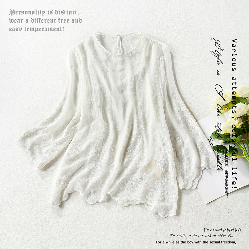 fashionable spring elegant silk shirt with a round collar