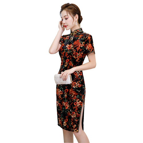 Chinese Dress Qipao for women National cheongsam dress rotten velvet double long cheongsam
