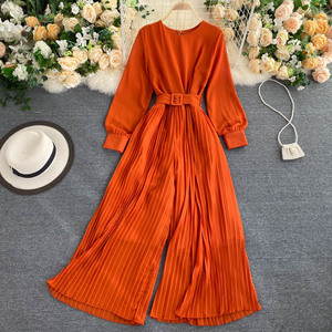 Long sleeve waist closing lace up slim pleated wide leg pants Jumpsuit