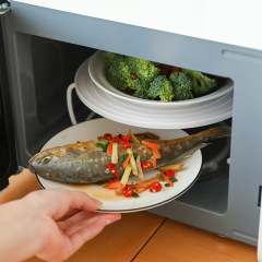 Microwave Meal Heating Layered Steamer Rack, Foldable Round Dual-Layer Non-Slip Microwave Steamer Tray