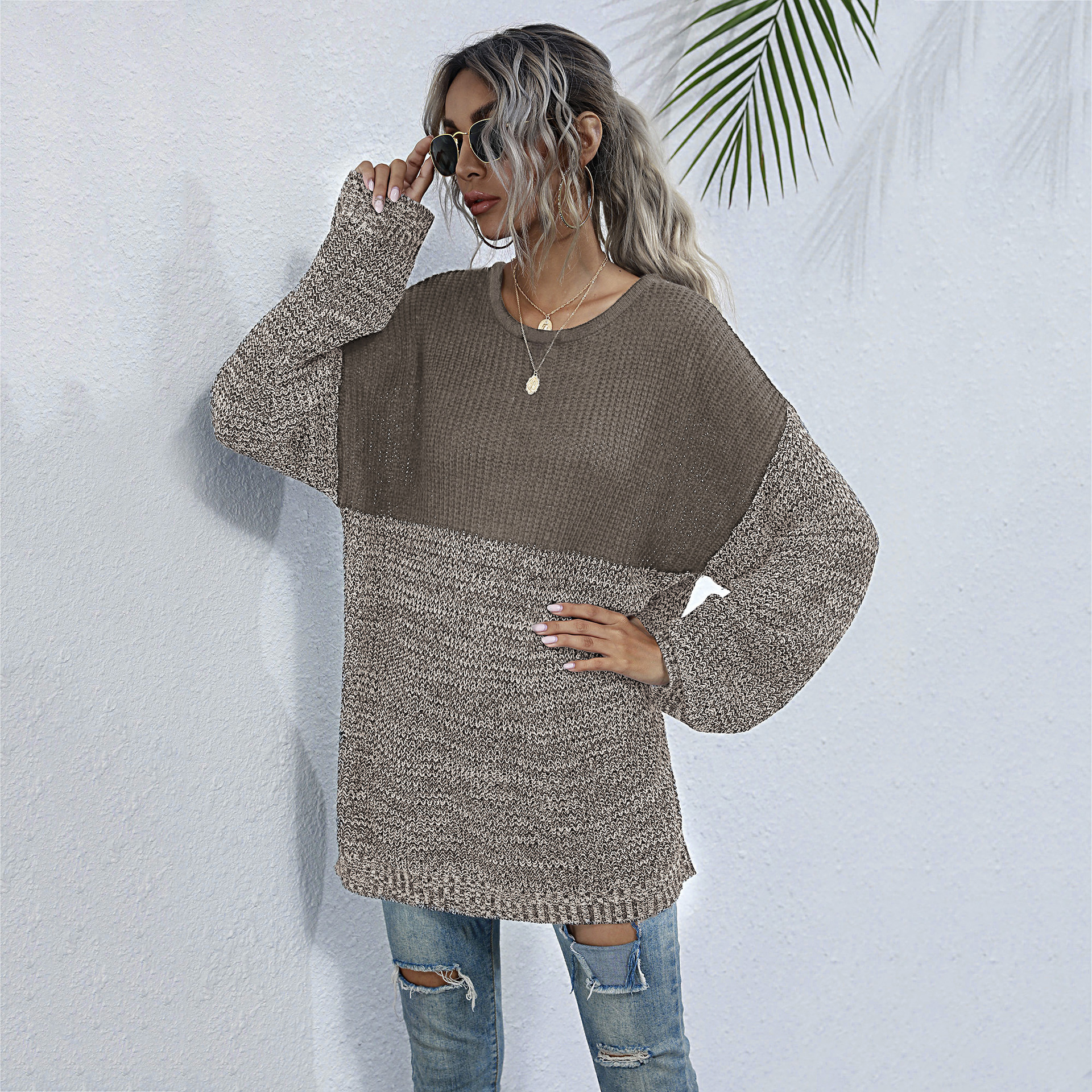 Contrast Color Mid-length Loose Round Neck Lazy Style Sweater Pullover_voghion.com