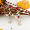 Baroque Crystal Love Cross Earrings Retro Palace Girl Red Heart Hollow Ear Clamp Earrings