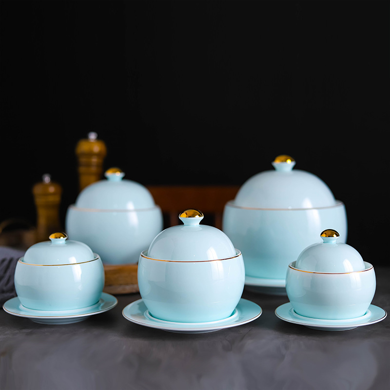 金邊青瓷色釉陶瓷燕窩魚翅炖盅糖水甜品蓋碗酒店餐廳美容會所定制