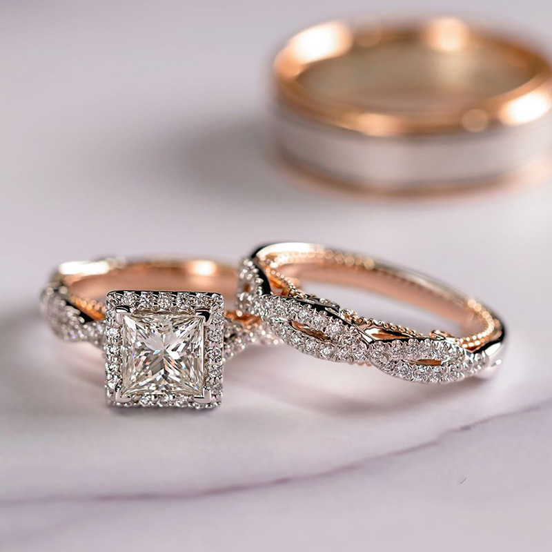 Fashion Three-piece Ring Rose Gold Sparkling Zircon Copper Ring Luxury Engagement Ring display picture 4