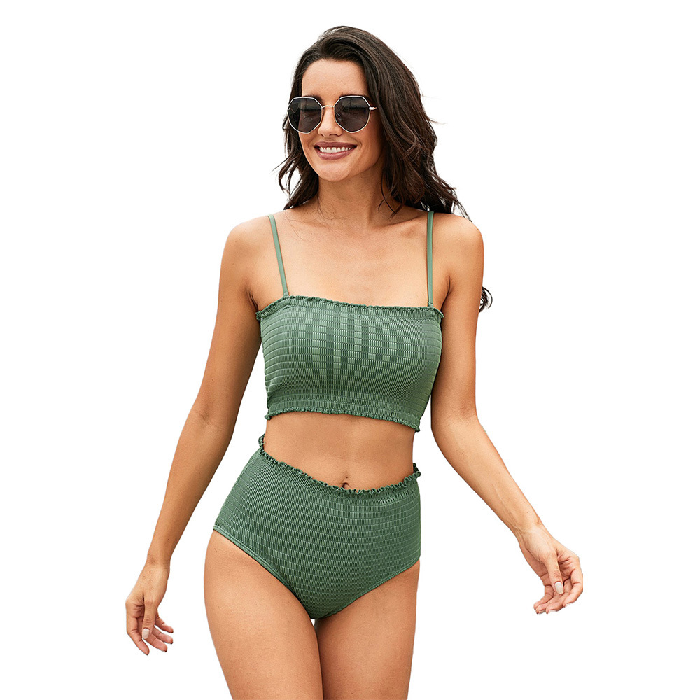 欧美性感比基尼 高腰遮肚温泉泳衣女一字领豹纹分体泳装一件代发