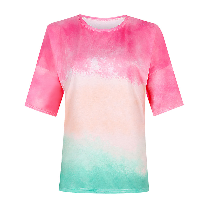 camiseta con estampado tie-dye y cuello redondo suelto para mujer NSKX8446