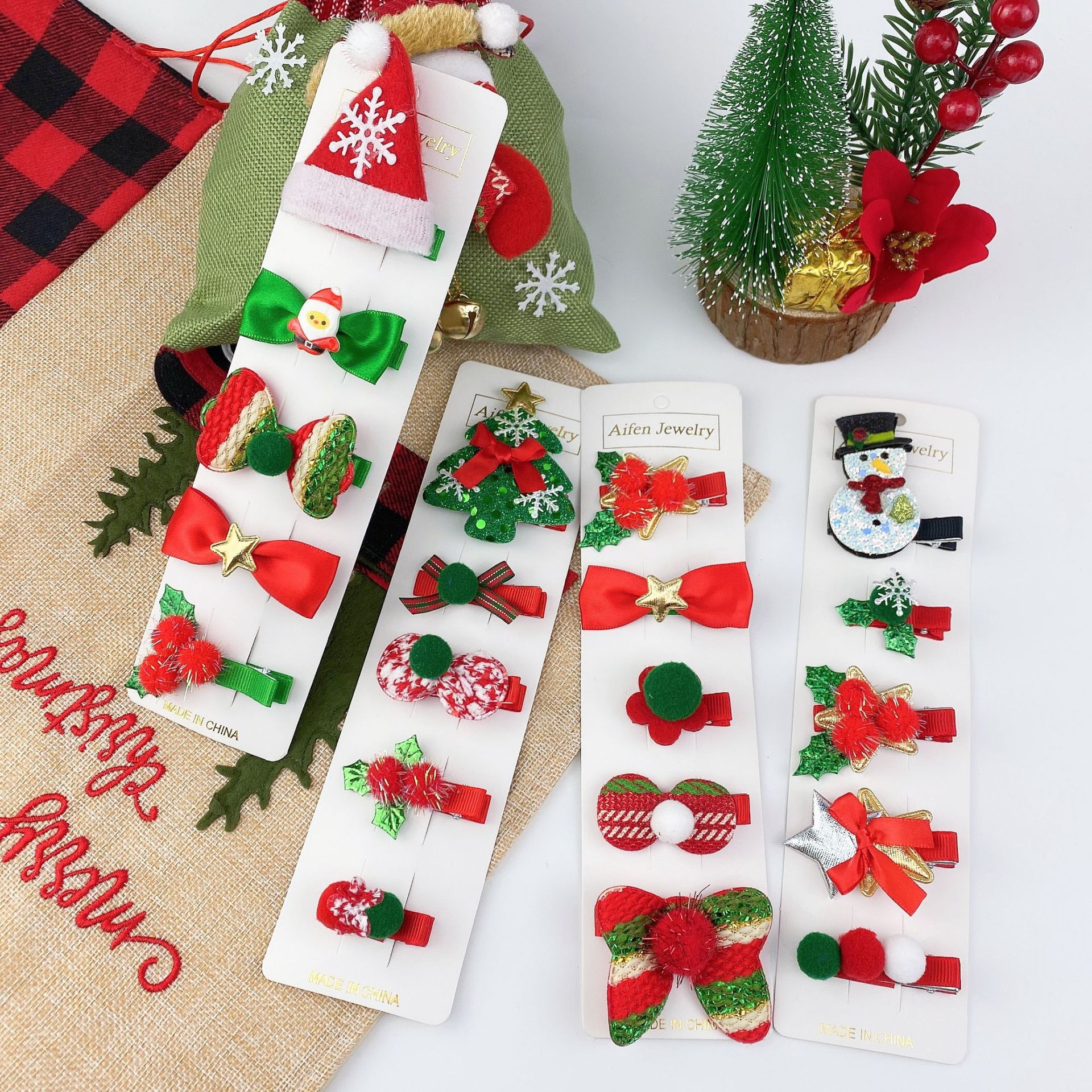 Cute Christmas Snowman Bow Tree Hairpin 5 Piece Set display picture 1