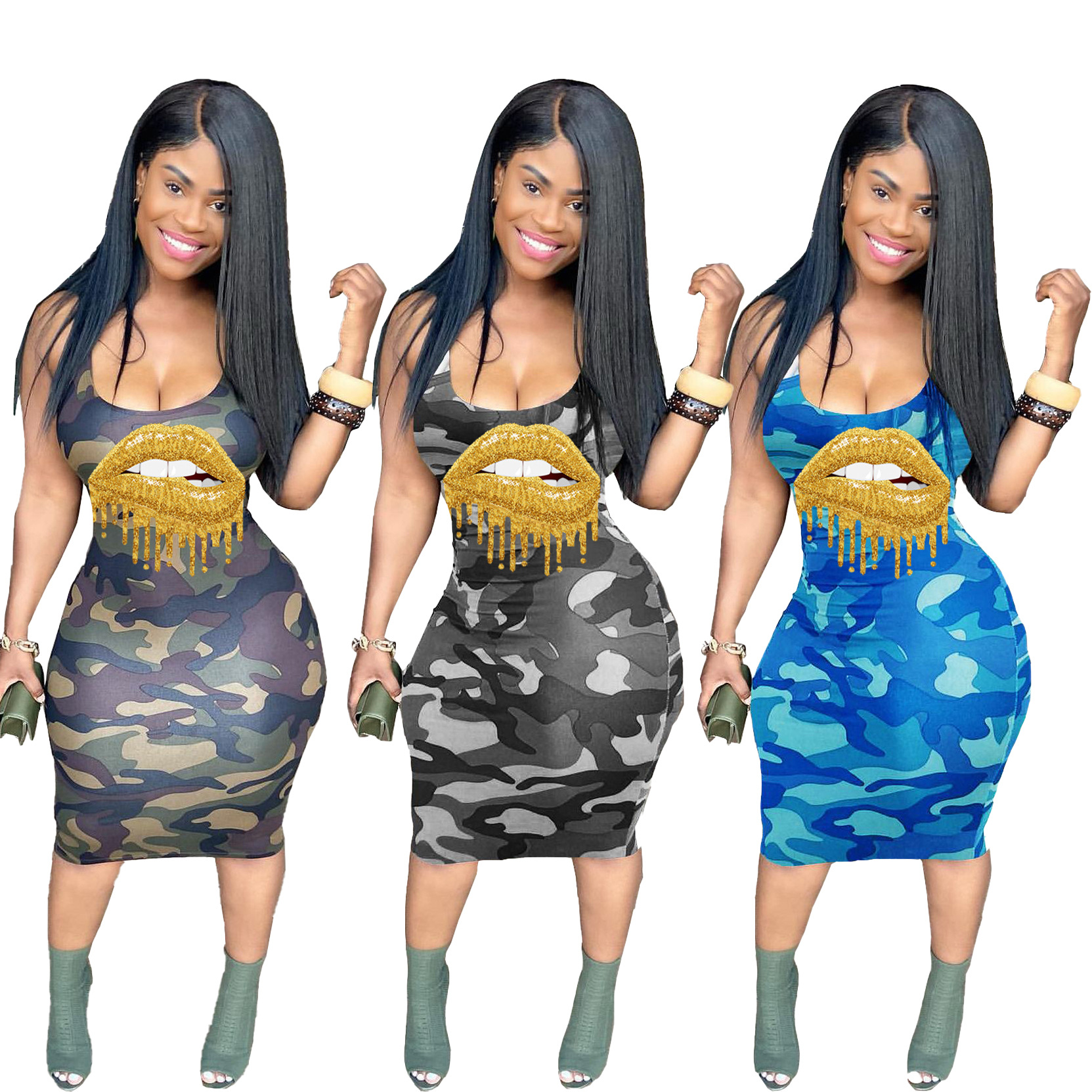 LY5852 跨境女装 亚马逊独立站推荐 可爱迷彩金色嘴唇修身连衣裙