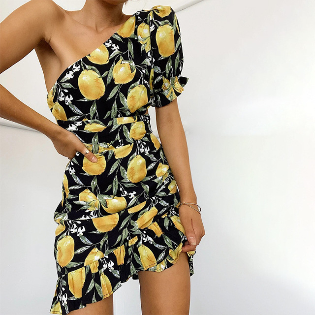 Lemon print Ruffle Skirt with ruffle and sexy shoulder design dress