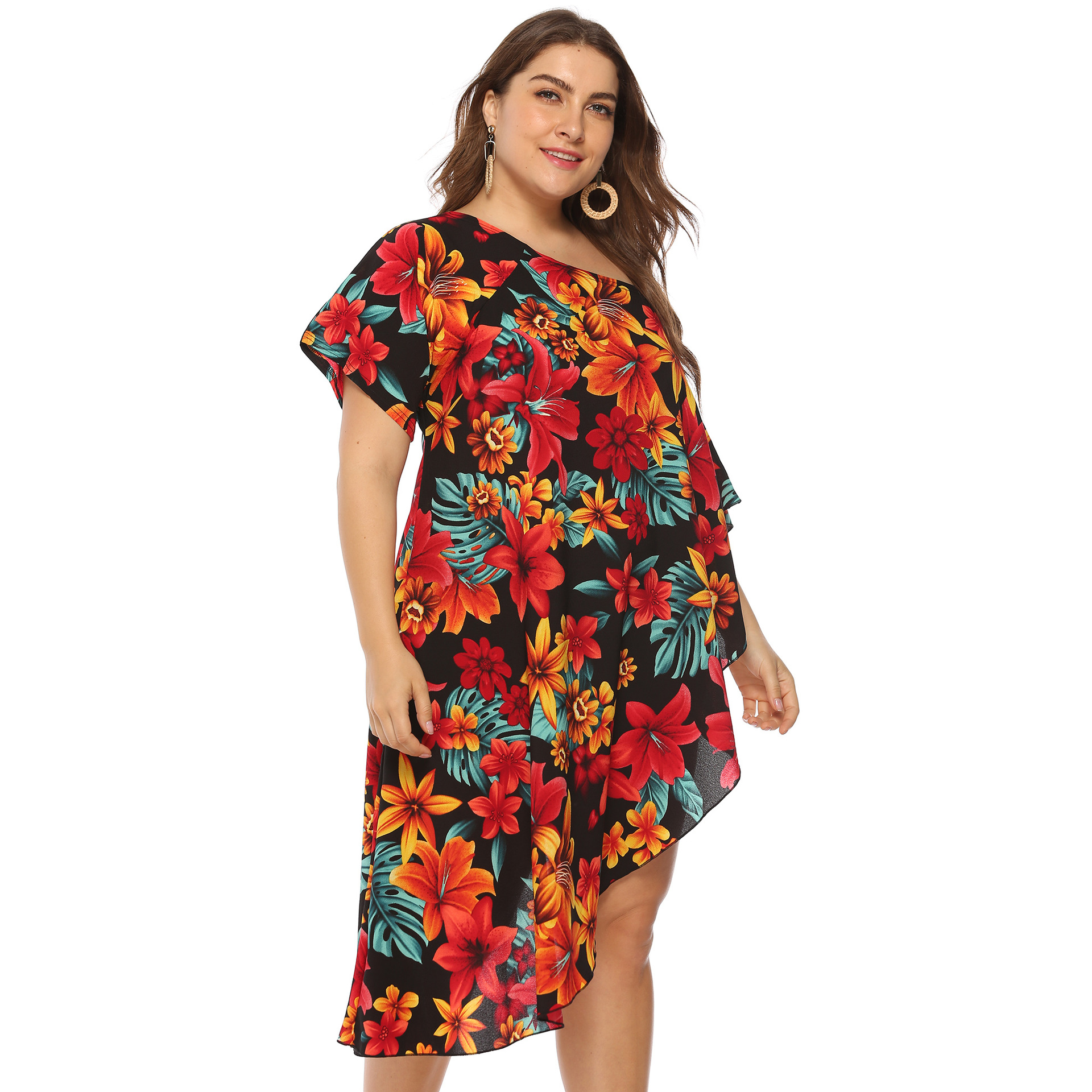 plus size plant printing irregular shoulder beach dress NSOY26861