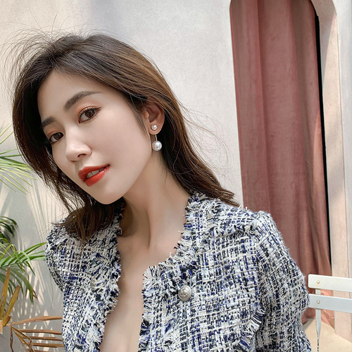 Korean version of the new S925 silver needle personalized temperament size pearl front and rear earrings pearl short earrings women's earrings