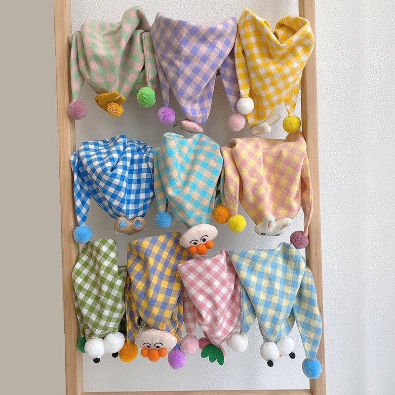 2022 Korean version cotton linen checkered children's scarf versatile cartoon triangle scarf baby saliva towel baby cute scarf