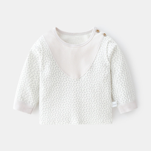 Baby pure cotton single-layer autumn and winter T-shirt patchwork cotton and wool 03 years old infant children spring and autumn shoulder opening base shirt children's clothing