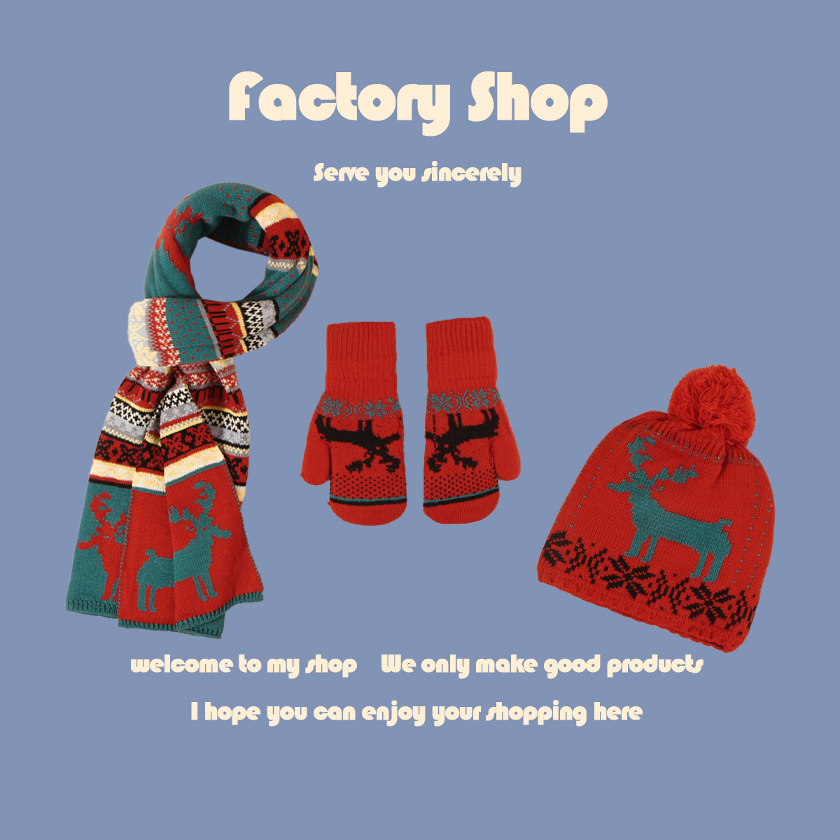 Christmas Fawn Hat Scarf Gloves Three-piece display picture 2