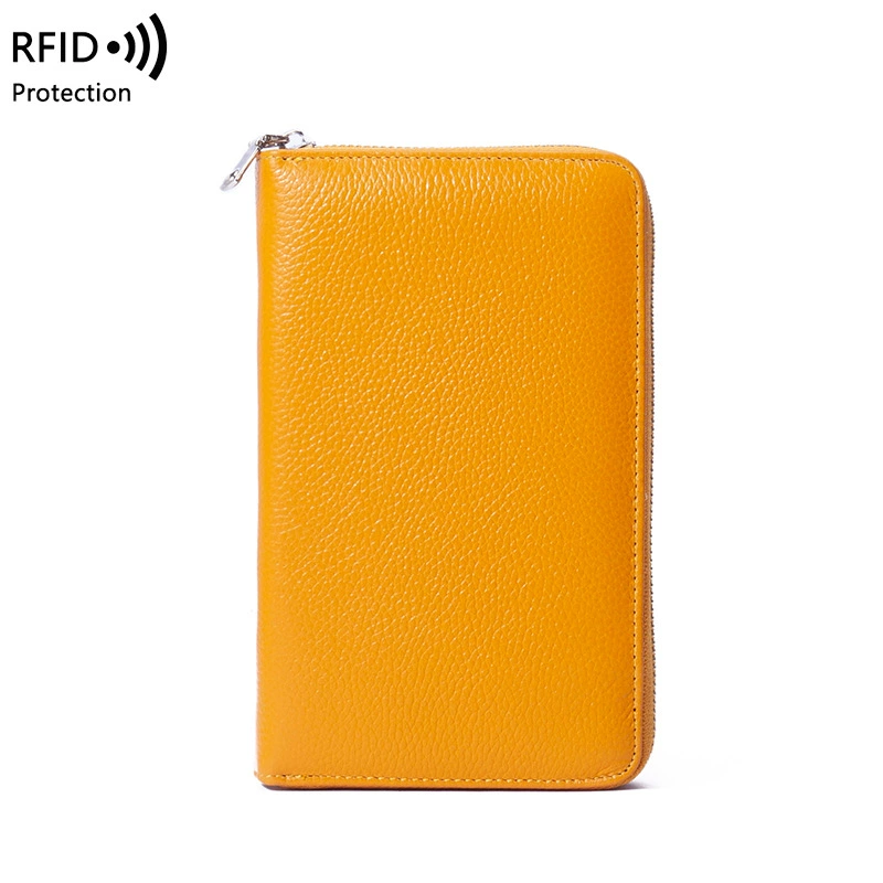 Кожаный паспортник, длинный кошелек из козьей кожи с защитой RFID, молния и цепь