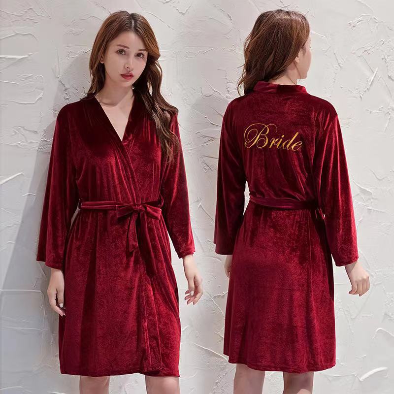 Nightgown Thickened Velvet Long Bathrobe Winter Party Pajamas Stopper Red Wedding Bridesmaid Wedding Morning Gown Female Bride