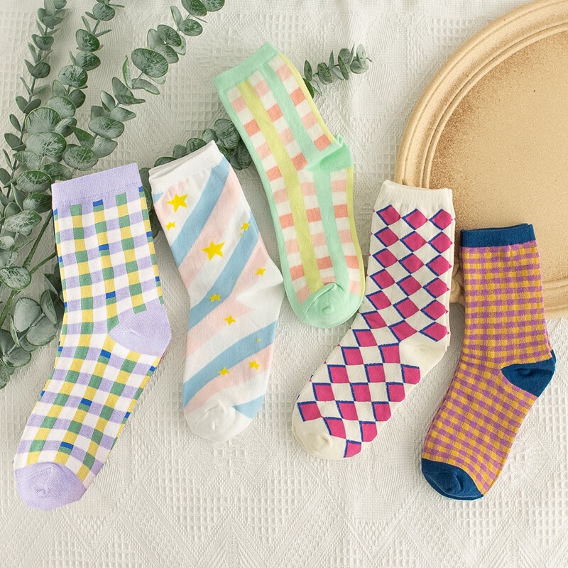 Socks for Women Crazy Plaid Series Cotton Mid-calf Women's Socks Fresh Plaid Fashionable Socks Versatile Casual Socks