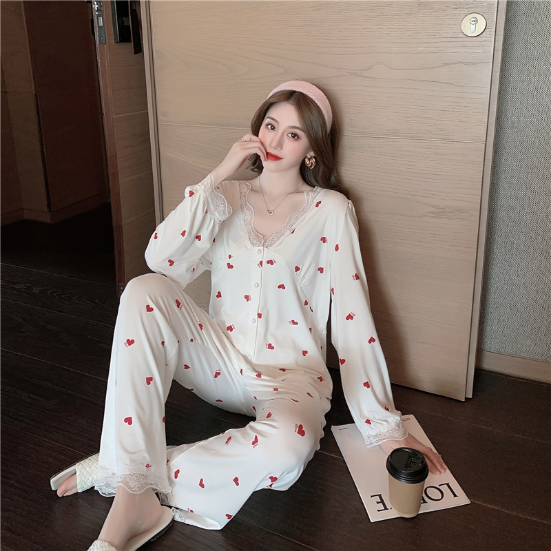 بيجامة ربيعية، كارديجان دانتيل مريح على شكل قلب، كم طويل، أكمام، طقم، ملابس منزلية