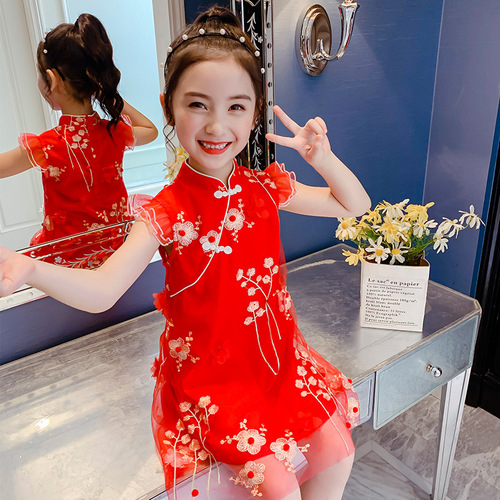 Children girls Red Pink lace chinese dress Qipao embroidered flowers Hanfu Model show singers  performance cheongsam Dress for Girl