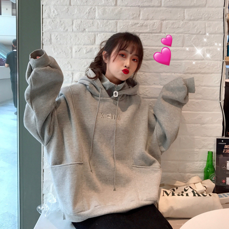 秋冬韩版2020新款连帽高领加绒加厚中长款宽松长袖卫衣外套女学生