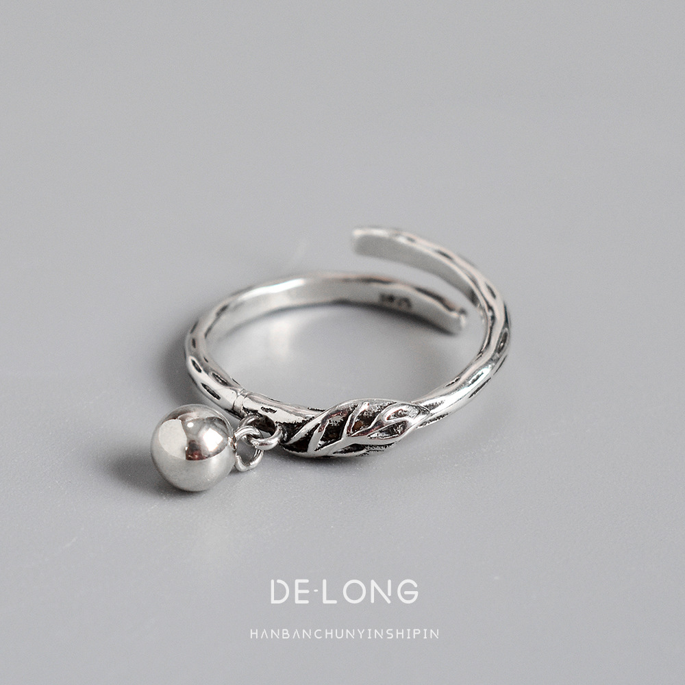 Personalized Retro Leaf Ring S925 Sterling Silver Ring Chic Korean Style Female Round Bead Leaf Silver Ring Jewelry