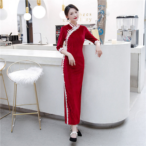 Chinese Dress Qipao for women sleeve cheongsam with flannel side long cheongsam skirt