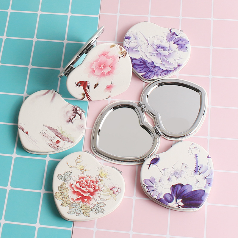 可爱PU折叠心形化妆镜便携化妆镜山水镜美容小镜子双面可定制logo