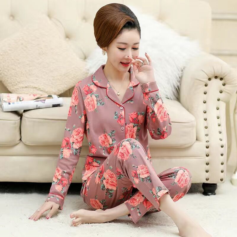 Pijamas mujer primavera y otoño 100% algodón ropa de abrigo de manga larga madre de mediana edad y ancianos Otoño e Invierno traje floral homewear