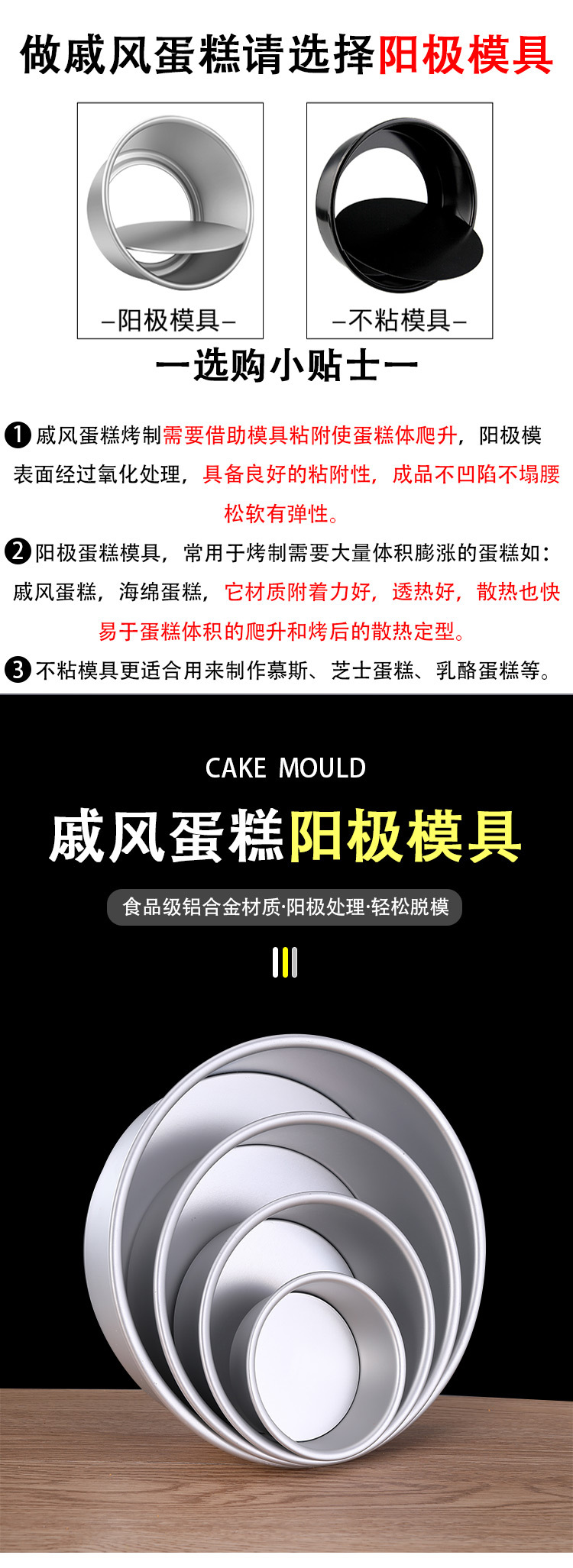 跨境专供阳极氧化活底戚风蛋糕模不沾固底4寸6寸8寸慕斯圆形模具详情1