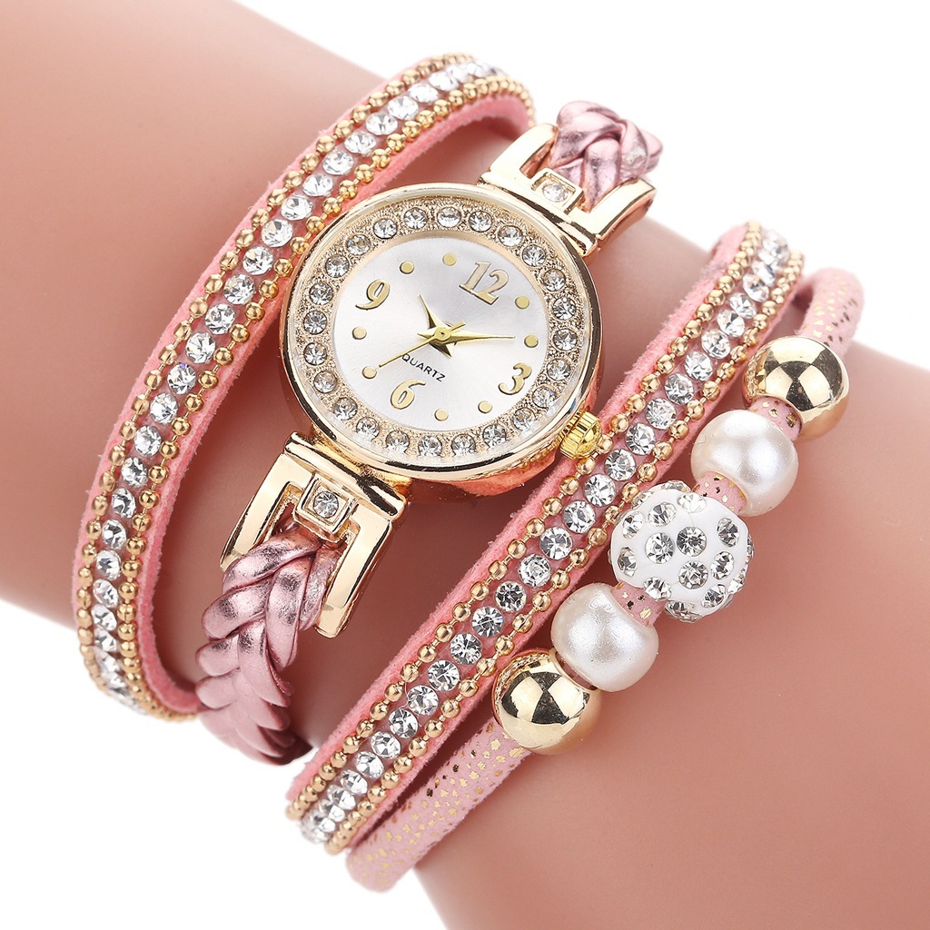 Fashion  Round Bracelet Diamond-studded Pearl Beaded Pu Belt Watch display picture 9