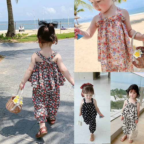 Girls suit flower suspender top and nine-point pants 24 summer clothes new foreign trade children's clothing drop shipping 3-8 years old