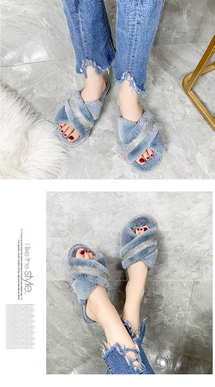 Cotton Non-Slip Rhinestone Flat-Bottomed Woolen Slippers NSKJX104851