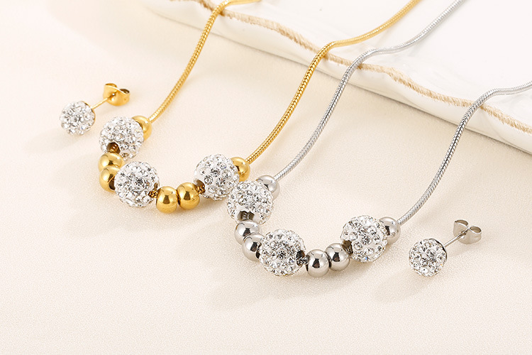 Korean temperament rhinestone small round bead necklace earring set stainless steel steel ball jewel