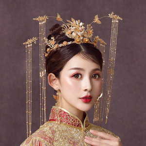 Ancient style phoenix crown Chinese bride Xiuhe dress headdress wedding tassel step Xiuhe hair ornament