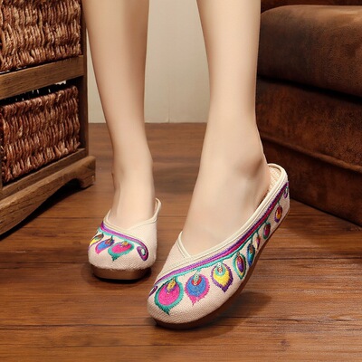 Sequins Feather slipper Ethnic style Retro Embroidered shoes 5 cm The increase in canvas Women's Shoes ancient costume Hanfu