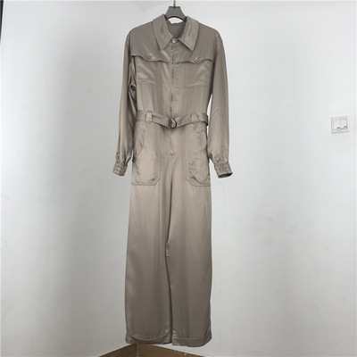 连体裤女2020新款秋高腰腰带显瘦口袋长袖卷边休闲时尚阔腿连衣裤|ms